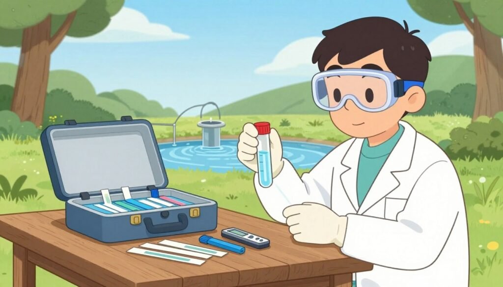 A clear and focused scene depicting water quality testing in an outdoor setting. In the foreground, there’s a scientist in professional attire, wearing gloves and goggles, carefully holding a water sample vial. The middle ground features a portable water testing kit with various testing strips and instruments spread out on a rustic wooden table. In the background, a serene landscape with a clear blue sky, trees, and a water source, such as a well or rainwater collection system, further illustrates the context. The lighting is soft and natural, suggesting a bright daytime scene. The mood is investigative and thoughtful, emphasizing the importance of analyzing water quality. A clear and focused scene depicting water quality testing in an outdoor setting. In the foreground, there’s a scientist in professional attire, wearing gloves and goggles, carefully holding a water sample vial. The middle ground features a portable water testing kit with various testing strips and instruments spread out on a rustic wooden table. In the background, a serene landscape with a clear blue sky, trees, and a water source, such as a well or rainwater collection system, further illustrates the context. The lighting is soft and natural, suggesting a bright daytime scene. The mood is investigative and thoughtful, emphasizing the importance of analyzing water quality.