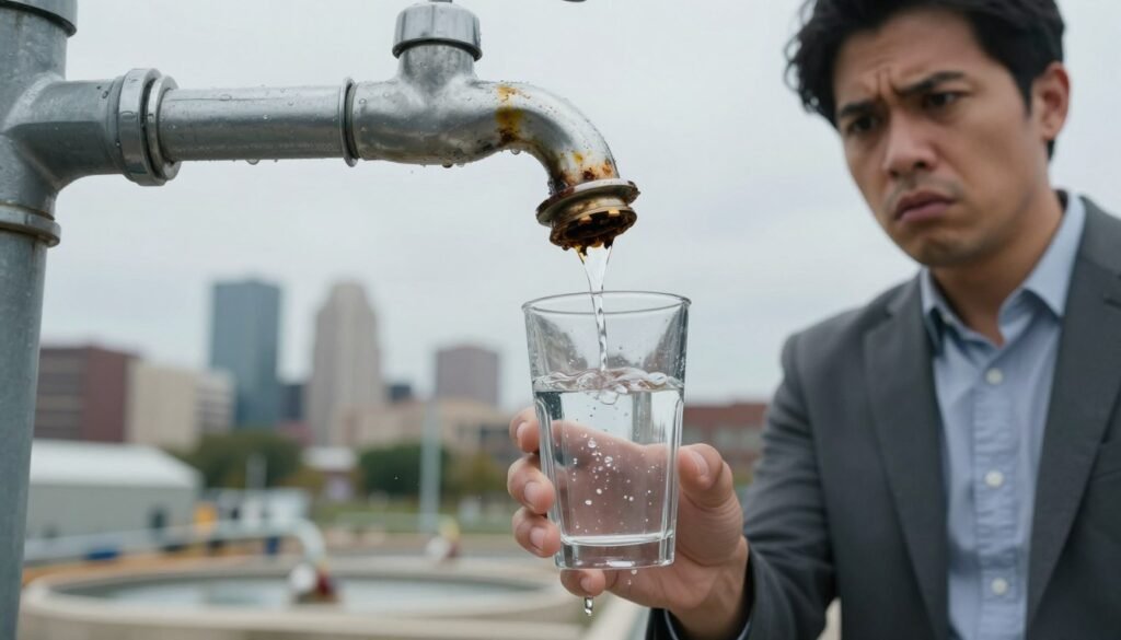 A close-up view of a contaminated water faucet dripping clear water, with a visible dark stain around the spout, symbolizing the issue of Michigan water contamination. In the foreground, a glass of clear water is held by a concerned individual in business casual attire, their facial expression reflecting worry and urgency. The middle ground features a blurred cityscape of Michigan, with slight overcast skies creating a somber mood. In the background, water treatment facilities are visible, suggesting industrial elements impacting water quality. The lighting is soft, with a focus on the glass of water, highlighting the contrast between purity and contamination. The angle is slightly tilted down to emphasize the glass and faucet, creating a sense of depth and urgency in the narrative.