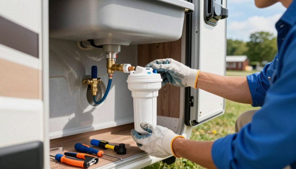 A close-up view of an RV water filter installation in a well-lit outdoor setting. In the foreground, a person wearing a clean blue shirt and work gloves is carefully attaching a compact water filter system under the sink of an RV. Various tools are neatly organized nearby, indicating a DIY installation process. In the middle ground, the RV has an open door, revealing part of its interior, with water pipes and fittings exposed to highlight the installation context. In the background, a scenic campground setting with green trees and a clear blue sky creates a serene atmosphere, suggesting relaxation and adventure. The image should capture an informative yet inviting mood, with natural light illuminating the scene to showcase the details of the installation process.