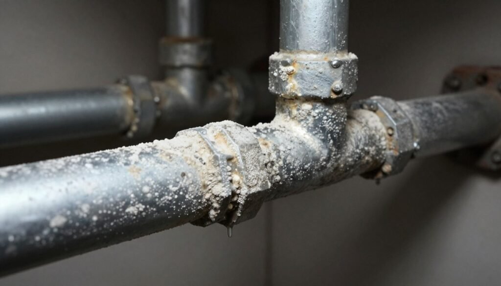 A close-up view of corroded plumbing pipes exhibiting limescale buildup, emphasizing the textured white mineral deposits against the metallic surface of the pipes. In the foreground, showcase a pipe joint with significant limescale accumulation, capturing intricate details of the corrosion. The middle ground should feature additional pipes slightly blurred to create depth, with hints of dripping water at some joints to highlight ongoing moisture issues. The background includes a dimly lit utility room with shadows cast by overhead lighting, creating a stark contrast that emphasizes the problematic buildup. The overall atmosphere should be slightly somber, underscoring the negative impacts of hard water on household plumbing systems, inviting viewers to reflect on the implications of neglecting maintenance.