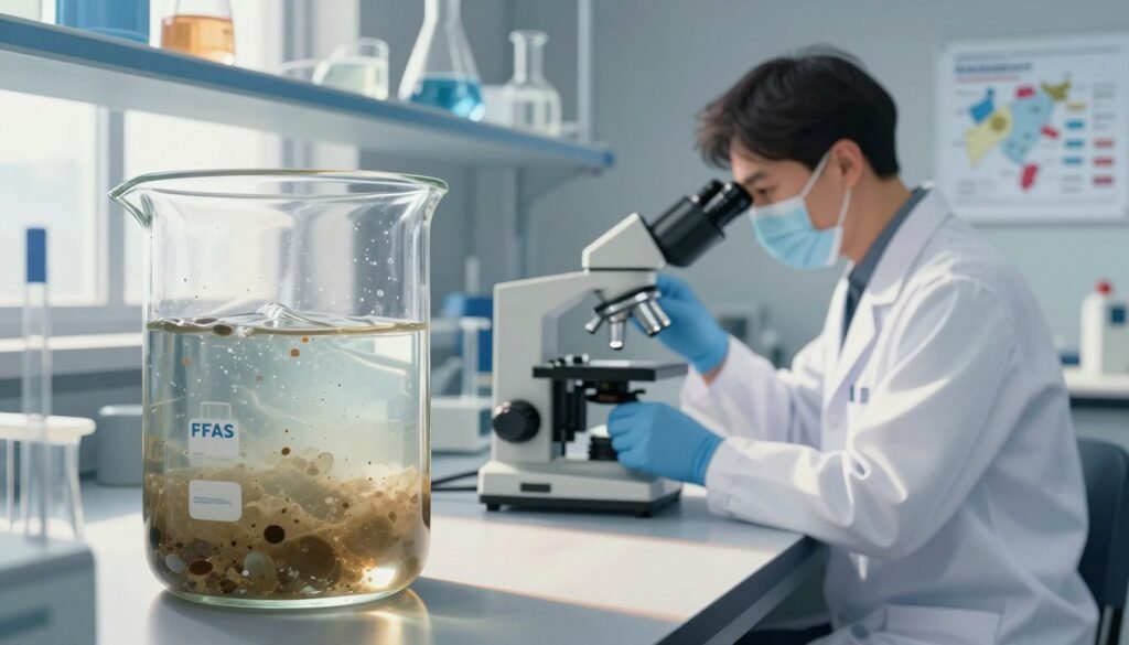 A detailed illustration of New York City's water contamination levels, showcasing layers of water samples in a laboratory setting. In the foreground, place a clear glass beaker filled with murky water, highlighting particulates and color variations, symbolizing disinfection byproducts and PFAS. In the middle distance, a laboratory technician in professional attire analyzes the water under a microscope, focusing on the intricate details of water quality. The background features shelves lined with scientific equipment and charts depicting contamination levels across regions of New York. Soft, natural lighting filters through a window, casting gentle shadows and emphasizing the mood of concern and urgency regarding drinking water quality, with a color palette of blues and grays.