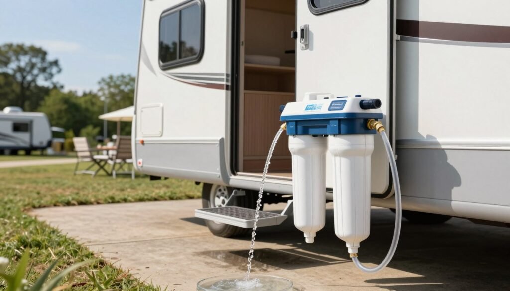 A detailed image of an RV water filtration system setup, showcasing a modern, compact unit positioned beside an RV. In the foreground, focus on clear, high-quality hoses connected to the filtration system, with a clean water source visibly flowing through them. The middle ground features the RV's entrance and outdoor seating area, suggesting a cozy outdoor lifestyle. In the background, a scenic RV park landscape with green trees and blue skies, providing a tranquil atmosphere. Natural sunlight casts soft shadows, enhancing the system's features and making the scene inviting. Ensure a professional feel, capturing the essence of safe drinking water practices without human subjects.