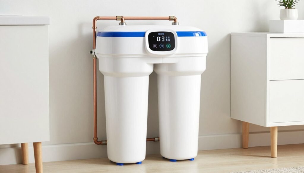 A high-quality water softener for home installation, showing a sleek dual-tank system in a bright, modern utility room with copper piping and a digital interface, photorealistic, 8k resolution. A high-quality water softener for home installation, showing a sleek dual-tank system in a bright, modern utility room with copper piping and a digital interface, photorealistic, 8k resolution.