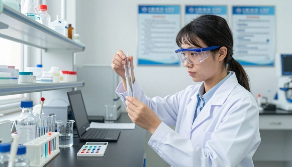 A scientist in a white lab coat, testing water samples for hydrogen sulfide, is positioned prominently in the foreground, holding a clear test tube filled with water. She is focused and concentrated, with safety goggles resting on her forehead. In the middle ground, a laboratory table is cluttered with various scientific equipment: beakers, pipettes, and a colorimetric test kit. The background features shelves filled with lab supplies and posters detailing water quality standards. Bright, natural light floods the room, enhancing the sterile and professional atmosphere. The scene is captured from a slightly elevated angle, showcasing the depth of the lab environment, creating an engaging and informative visual experience that emphasizes the importance of water testing.