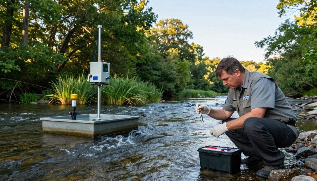 A serene outdoor scene illustrating water quality monitoring in New Jersey. In the foreground, a researcher in professional attire examines a water sample at a clean, flowing river. The researcher is equipped with a sampling kit and wearing gloves, indicating professionalism. In the middle ground, a sampling station with equipment for testing water quality, surrounded by lush green trees and native plants. In the background, a clear sky with soft, warm sunlight illuminating the landscape, reflecting the importance of clean water. The mood is serious and informative, conveying a commitment to environmental health and safety. The image should evoke a sense of trust and responsibility in monitoring drinking water quality. The composition should be well-lit to highlight the details of the equipment and natural surroundings.