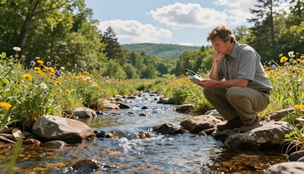 A serene view of Pennsylvania's natural landscapes reflecting the state of drinking water quality. In the foreground, a clear stream flows over smooth stones, symbolizing clean water, with small, vibrant wildflowers on the banks conveying a sense of vitality. In the middle ground, a representative figure in professional attire inspects the water quality, holding testing equipment and looking thoughtfully at the stream, reflecting a proactive approach to environmental issues. The background features lush green forests and distant hills under a bright, blue sky with soft, fluffy clouds. The lighting is warm and inviting, suggesting hope and progress. The overall mood is one of concern yet optimism, highlighting the importance of addressing water quality in Pennsylvania.