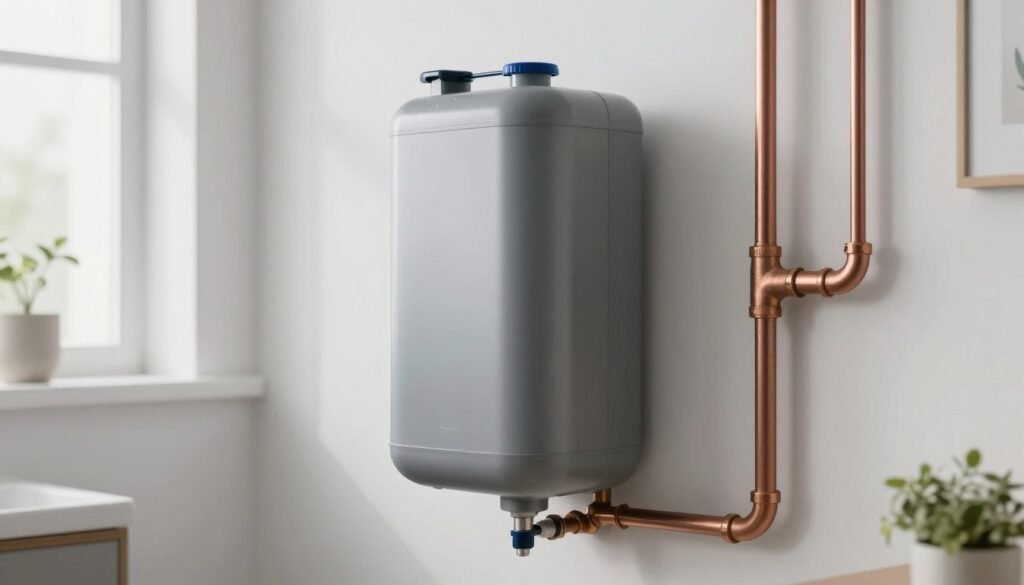 A sleek, modern salt-free water conditioner tank installed in a clean, brightly lit home utility room with copper pipes, professional photography, high resolution, 4k. A sleek, modern salt-free water conditioner tank installed in a clean, brightly lit home utility room with copper pipes, professional photography, high resolution, 4k.