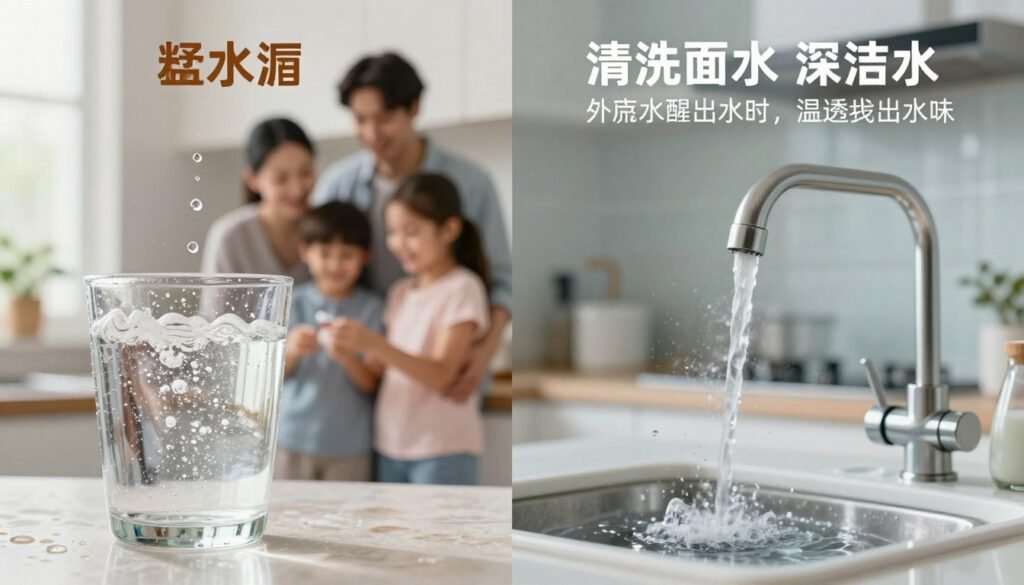 A split image depicting the pros and cons of hard water in daily life. In the foreground, on the left side, show bright, sparkling water droplets on a glass surface, symbolizing the benefits: health minerals and clearer skin. Include a happy family using soft water appliances in a modern kitchen setting, dressed in casual clothing. In the middle, contrast this with cloudy water and scale buildup on faucets, illustrating the downsides: plumbing issues and soap inefficiency. The background features a blurred image of a home with contrasting water quality indicators, enhancing the narrative. Use warm, inviting lighting on the left and cooler tones on the right to differentiate between the two concepts, capturing a dynamic, informative atmosphere.