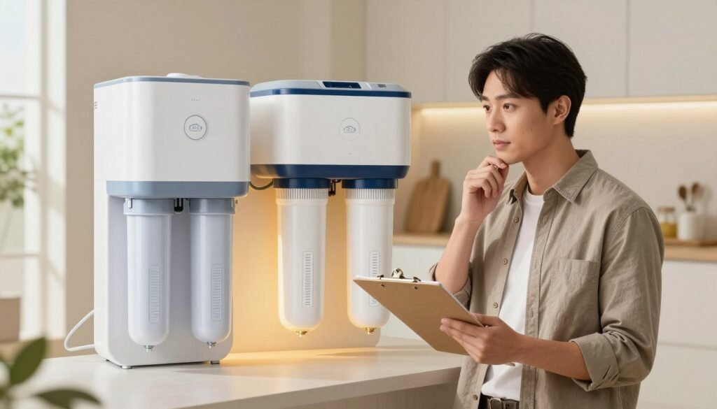 A well-lit, modern home interior showcasing a side-by-side comparison of a sleek water softener and a stylish whole house water filter. In the foreground, a professional individual, dressed in smart casual clothing, examines the two systems with a thoughtful expression, holding a clipboard and taking notes. The middle background features the water softener, elegantly designed and connected to plumbing, while the whole house water filter stands prominently beside it, both systems highlighted with soft, warm lighting to emphasize their features. The background subtly reveals a clean kitchen setting with natural light streaming in, creating an inviting atmosphere that suggests a focus on home improvement and wellness. The composition captures the essence of decision-making regarding water quality solutions for home use. A well-lit, modern home interior showcasing a side-by-side comparison of a sleek water softener and a stylish whole house water filter. In the foreground, a professional individual, dressed in smart casual clothing, examines the two systems with a thoughtful expression, holding a clipboard and taking notes. The middle background features the water softener, elegantly designed and connected to plumbing, while the whole house water filter stands prominently beside it, both systems highlighted with soft, warm lighting to emphasize their features. The background subtly reveals a clean kitchen setting with natural light streaming in, creating an inviting atmosphere that suggests a focus on home improvement and wellness. The composition captures the essence of decision-making regarding water quality solutions for home use.