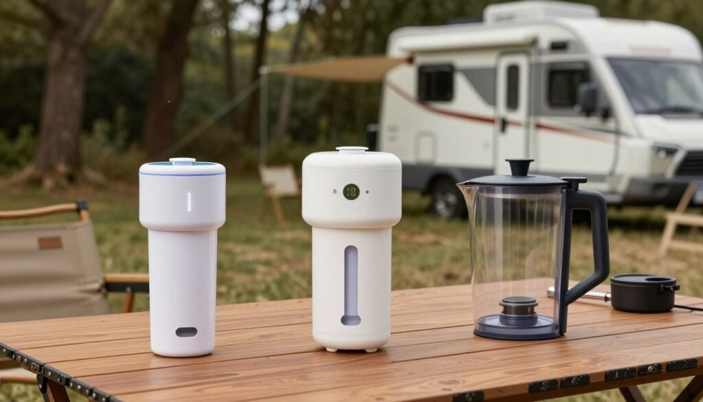 A well-organized display of various budget-friendly RV water filter options arranged on a wooden table, showcasing compact designs. In the foreground, focus on three distinct models: a sleek, cylindrical filter, a compact filter with a digital indicator, and a filter pitcher. In the middle ground, include a stylish camping setup with a small RV visible in the background, emphasizing the outdoor context. Soft natural light filters through trees, creating a warm and inviting atmosphere. Use a slightly elevated angle to capture the entire scene, ensuring rich textures of the filters and the rugged outdoor setting are highlighted. The mood is practical and resourceful, appealing to RV users seeking affordable solutions.