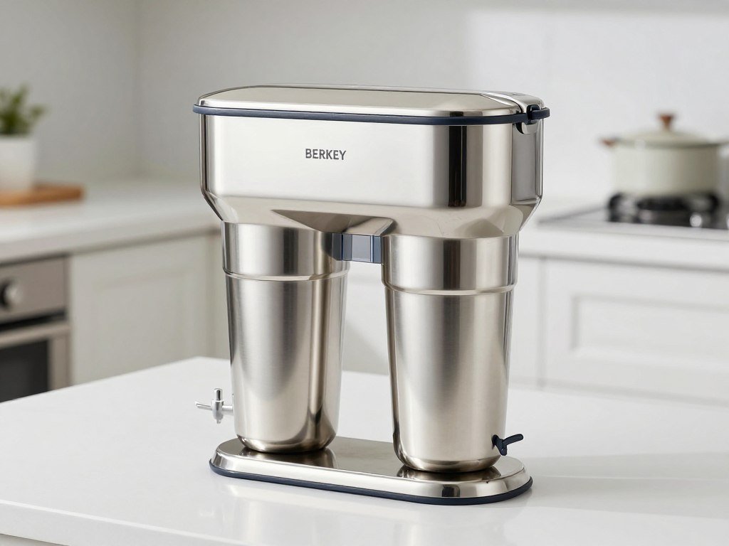Berkey Big Berkey stainless steel gravity water filter system on kitchen counter Berkey Big Berkey stainless steel gravity water filter system on kitchen counter