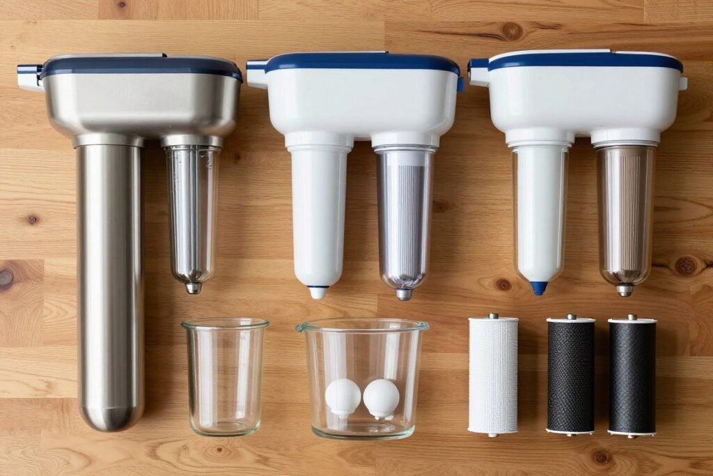 Collection of various countertop water filters including gravity systems and ceramic filters for off-grid use Collection of various countertop water filters including gravity systems and ceramic filters for off-grid use