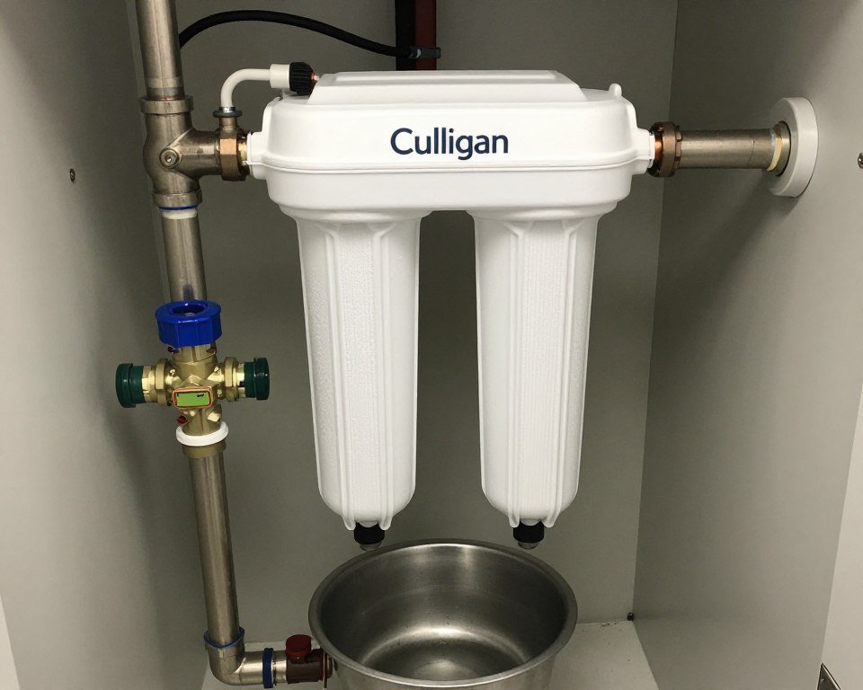 Culligan installation showing sediment bypass setup Culligan installation showing sediment bypass setup