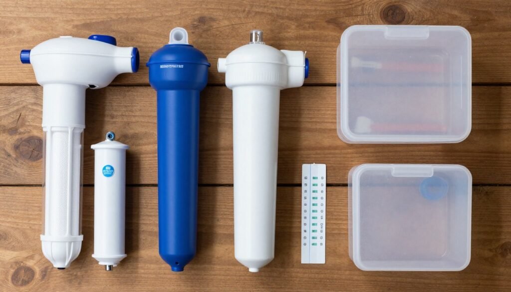 Emergency water filtration supplies including backup filters and testing equipment Emergency water filtration supplies including backup filters and testing equipment