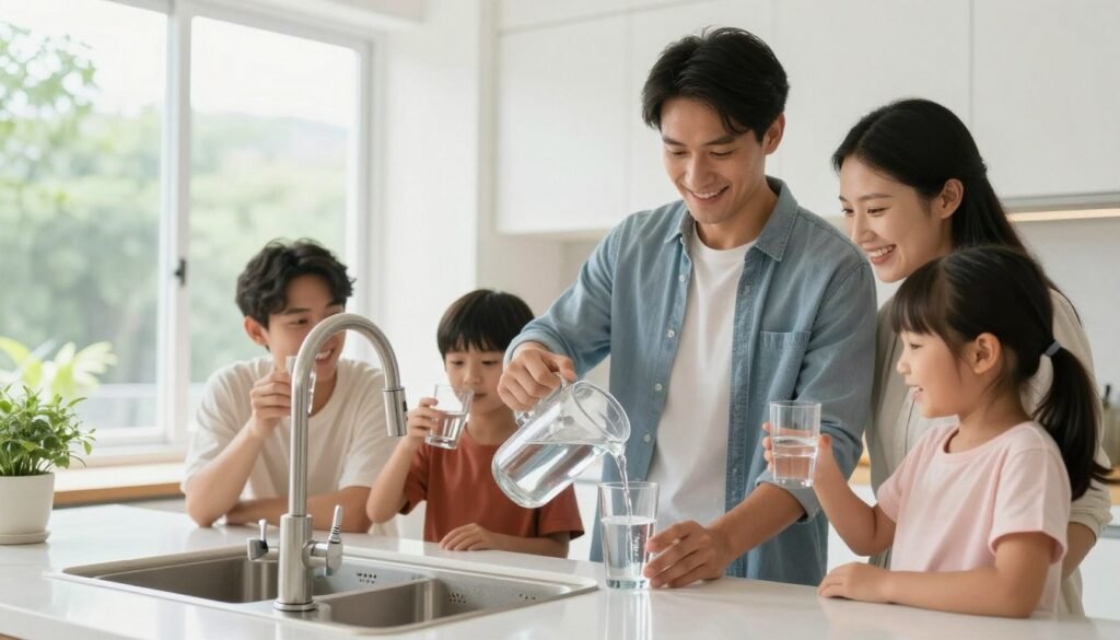 Happy family drinking clean filtered water in kitchen Happy family drinking clean filtered water in kitchen