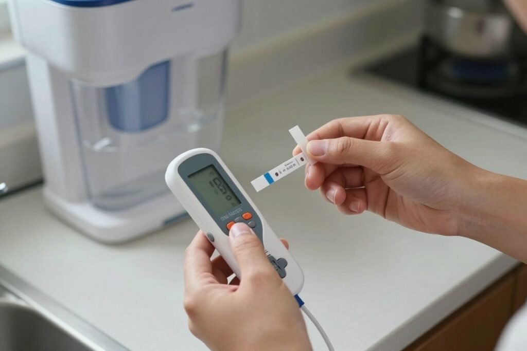 Person testing water quality with testing kit next to countertop water filter Person testing water quality with testing kit next to countertop water filter