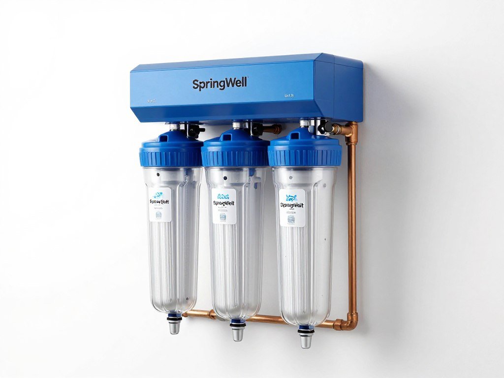 SpringWell whole house water filter system installed on wall SpringWell whole house water filter system installed on wall