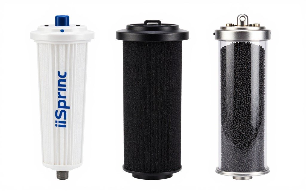 iSpring three filter cartridges showing different media types iSpring three filter cartridges showing different media types