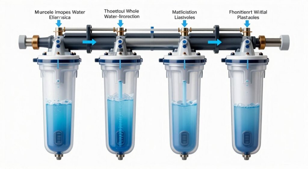 multi-stage whole house water filter system with labeled components multi-stage whole house water filter system with labeled components