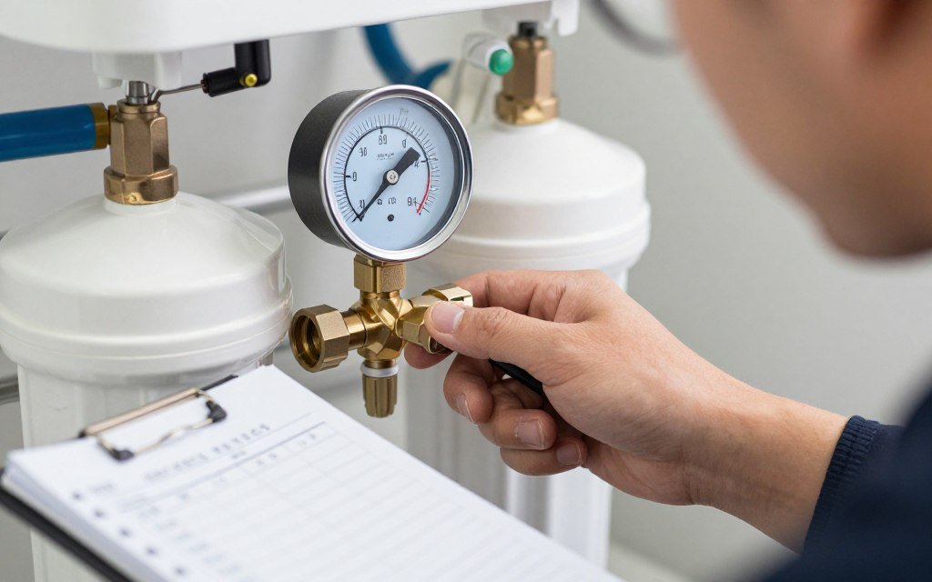 person inspecting water filter gauge readings person inspecting water filter gauge readings