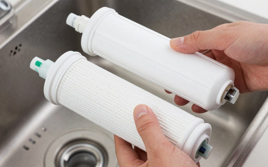 person replacing water filter cartridge person replacing water filter cartridge