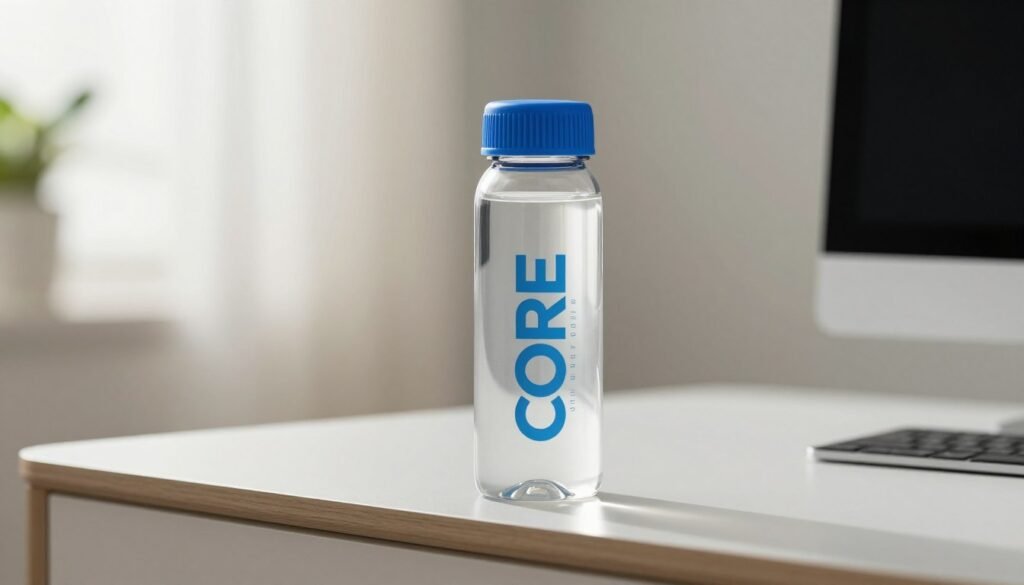 A Core Hydration bottle with its signature blue cap, standing on a sleek modern desk with soft bokeh background, sharp 8k resolution, commercial style.