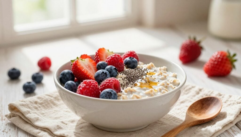 A beautifully arranged bowl of overnight oats topped with fresh, vibrant berries like strawberries, blueberries, and raspberries, alongside a sprinkle of chia seeds for added texture. The oats should appear creamy and inviting, with hints of honey drizzled on top. In the foreground, a wooden spoon rests next to the bowl. The middle ground features a rustic kitchen table with a soft, natural linen cloth underneath, and small scattered berries creating a vibrant color palette. The background is softly blurred, showing warm, natural light filtering through a window, casting gentle shadows, adding a cozy and healthy atmosphere. The scene should evoke a sense of calm and nourishment, perfect for starting the day on a strong note. A beautifully arranged bowl of overnight oats topped with fresh, vibrant berries like strawberries, blueberries, and raspberries, alongside a sprinkle of chia seeds for added texture. The oats should appear creamy and inviting, with hints of honey drizzled on top. In the foreground, a wooden spoon rests next to the bowl. The middle ground features a rustic kitchen table with a soft, natural linen cloth underneath, and small scattered berries creating a vibrant color palette. The background is softly blurred, showing warm, natural light filtering through a window, casting gentle shadows, adding a cozy and healthy atmosphere. The scene should evoke a sense of calm and nourishment, perfect for starting the day on a strong note.