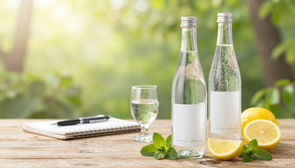 A beautifully arranged display comparing spring water and mineral water, set on a rustic wooden table. In the foreground, two elegant glass bottles, one filled with clear spring water and another with sparkling mineral water, each with delicate labels showcasing their unique origins. Fresh mint leaves and slices of lemon garnish the scene, adding a refreshing touch. In the middle ground, a tasting glass partially filled with each type of water sits beside a small tasting notebook with a pen, indicating a quality analysis session. The background features a serene natural setting with soft-focus greenery and sunlight filtering through the trees, creating a warm, inviting atmosphere. The lighting is soft yet bright, evoking a sense of freshness and vitality, using a shallow depth of field to draw attention to the water bottles.