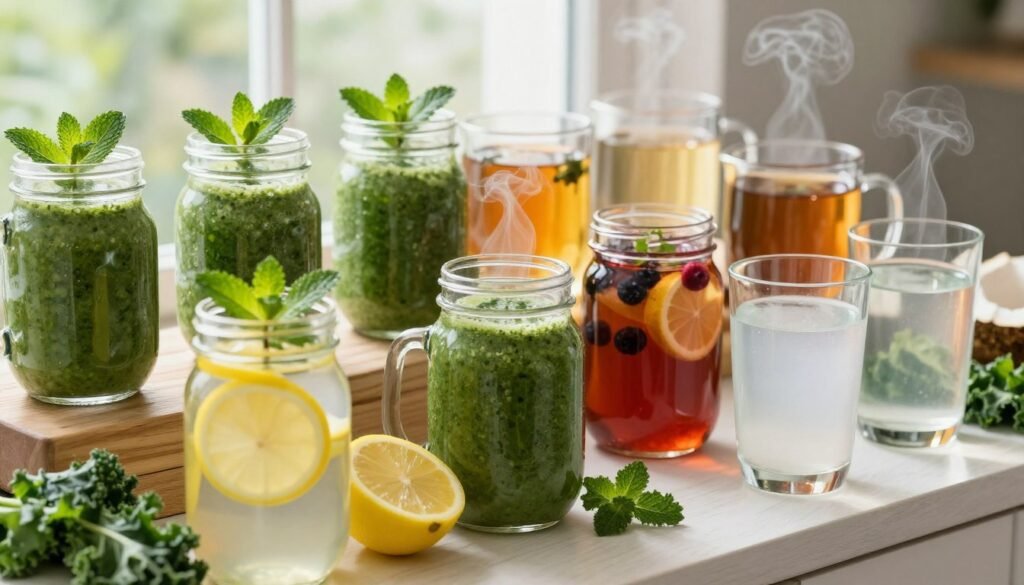 A beautifully arranged display of healthy beverages suitable for cancer treatment, featuring colorful smoothies made from spinach, kale, and berries in clear glass mason jars, garnished with fresh mint leaves. The foreground showcases vibrant lemon-infused water and coconut water in elegant glasses, creating an inviting atmosphere. In the middle, an assortment of herbal teas with delicate steam rising, reflecting warmth and comfort. The background features soft, diffused natural lighting filtering through a window, casting gentle shadows and enhancing the freshness of the ingredients used. The overall mood is uplifting and serene, promoting health and wellness, and designed to inspire confidence in hydration choices during treatment.