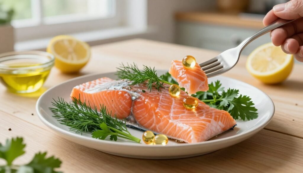 A beautifully arranged plate of fresh fatty fish, prominently featuring salmon, brimming with omega-3 fatty acids, garnished with vibrant green herbs like dill and parsley. In the foreground, a fork is poised ready to take a bite, suggesting a nutritious meal. The middle ground showcases a light wooden table setting with accompaniments such as lemon slices and a small bowl of olive oil. In the background, soft natural light filters through a window, creating a warm and inviting atmosphere, hinting at a cozy kitchen. The overall mood feels healthy and serene, ideal for seniors. Capture the scene from a slight overhead angle to emphasize the freshness and appeal of the food, with a shallow depth of field that softly blurs the background while keeping the fish and garnishes in sharp focus. A beautifully arranged plate of fresh fatty fish, prominently featuring salmon, brimming with omega-3 fatty acids, garnished with vibrant green herbs like dill and parsley. In the foreground, a fork is poised ready to take a bite, suggesting a nutritious meal. The middle ground showcases a light wooden table setting with accompaniments such as lemon slices and a small bowl of olive oil. In the background, soft natural light filters through a window, creating a warm and inviting atmosphere, hinting at a cozy kitchen. The overall mood feels healthy and serene, ideal for seniors. Capture the scene from a slight overhead angle to emphasize the freshness and appeal of the food, with a shallow depth of field that softly blurs the background while keeping the fish and garnishes in sharp focus.