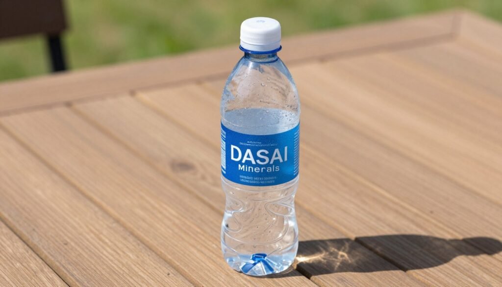 A bottle of Dasani water with condensation on the outside, sitting on a wooden table outdoors on a sunny day, showcasing added minerals.