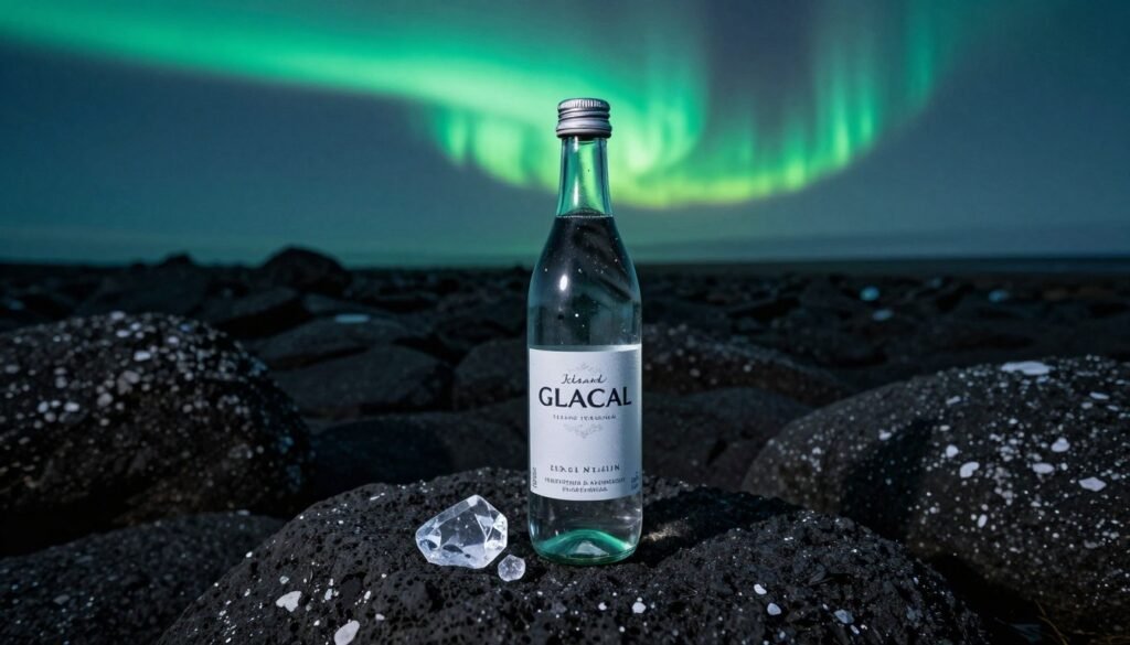 A bottle of Icelandic Glacial water standing on a black lava rock field under the vibrant green Northern Lights, crystal clear focus, cinematic lighting.