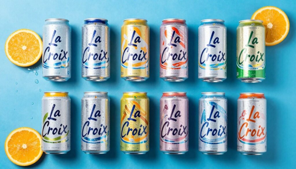 A bright and colorful flat lay of several LaCroix cans in different flavors on a blue background, decorated with citrus fruit slices and water droplets for a refreshing feel.