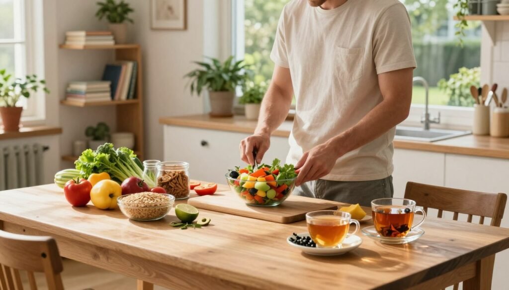 A bright and inviting kitchen setting, with a wooden dining table at the forefront displaying a colorful array of healthy foods such as fresh fruits, vegetables, whole grains, and herbal teas. In the middle ground, a health-conscious individual in modest casual clothing carefully prepares a nutritious meal, focusing on ingredients that minimize side effects. Soft, natural lighting floods the room, casting gentle shadows that create a warm atmosphere. In the background, shelves filled with cookbooks and potted herbs can be seen, along with a window showcasing a sunny garden view. The overall mood conveys a sense of wellness and vitality, highlighting dietary choices that support health.