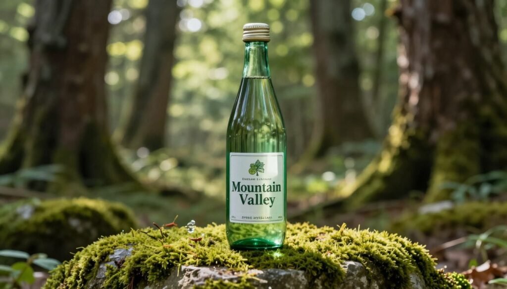 A classic green glass bottle of Mountain Valley spring water in a lush forest setting with sunlight filtering through old-growth trees, peaceful atmosphere.