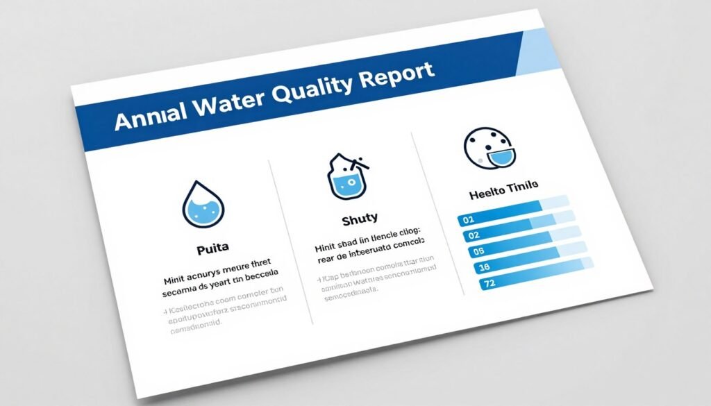 A clean and professional annual water quality report document with simple icons representing purity, mineral content, and health safety scores.