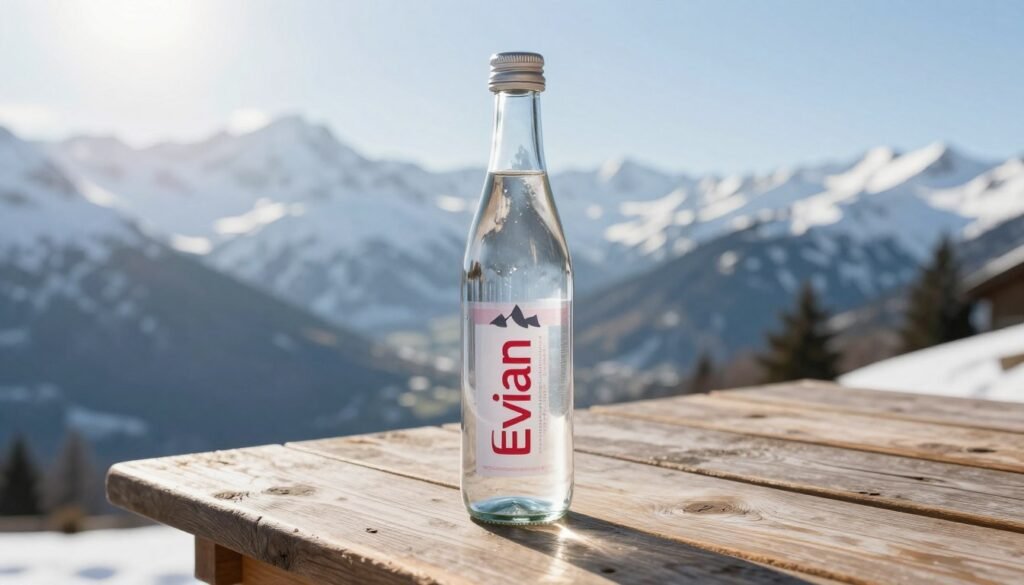A clear glass bottle of Evian water on a rustic wooden table with the snow-capped French Alps in the distance, bright morning sunlight, 4k resolution.