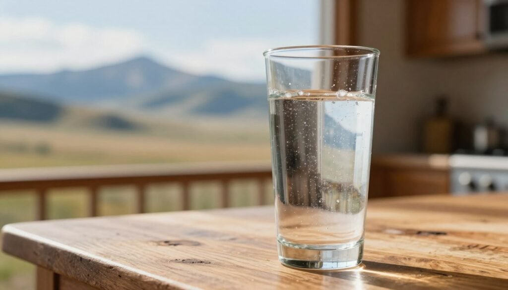 A clear glass of sparkling tap water sits prominently in the foreground, glistening under natural sunlight. The glass, filled to the brim with refreshing, pristine water, is placed on a rustic wooden table, hinting at a serene Wyoming kitchen environment. In the middle ground, a picturesque view of the Wyoming landscape unfolds, with rolling hills and vast open skies, showcasing the state’s iconic geographical features like the Rocky Mountains in the distance. Soft, warm lighting enhances the freshness of the scene, evoking a sense of health and purity. The overall mood is inviting and reassuring, emphasizing the theme of drinkable tap water, while the depth of field subtly blurs the background to keep the focus on the water. No text or logos present in the image.