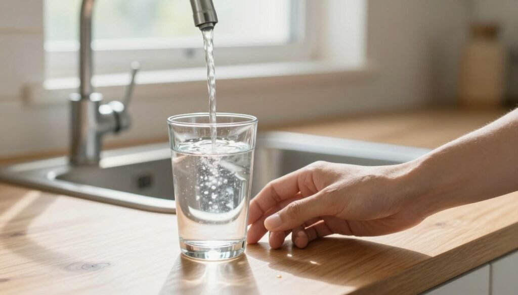 A clear glass of water filled with pristine tap water, placed on a wooden kitchen table. In the foreground, a hand reaches towards the glass, thoughtfully, symbolizing public concern and curiosity about tap water safety. The middle ground features a blurred faucet and sink, with bright, clean water flowing, suggesting accessibility and freshness. In the background, a sunny window floods the space with natural light, enhancing the inviting atmosphere. The overall mood is one of contemplation and trust, as soft shadows add depth and warmth to the scene. The image captures the essence of a secure and reassuring domestic environment, focusing on the importance of safe drinking water.
