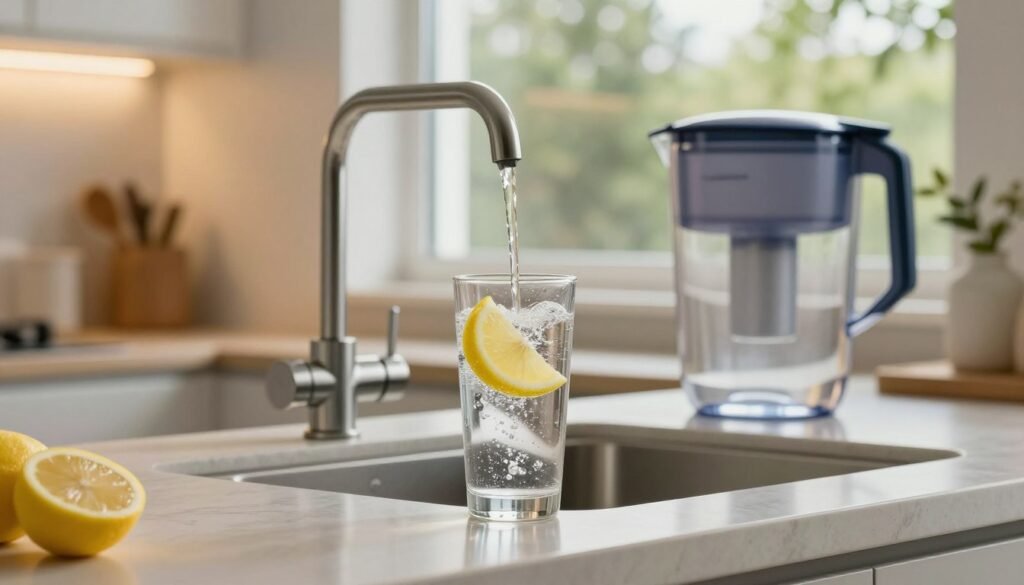 A clear, inviting kitchen scene focusing on a glass of pristine tap water on a countertop. In the foreground, the glass filled with sparkling water, adorned with a slice of lemon for a fresh touch. In the middle, a modern faucet with running water, symbolizing access to safe drinking water, and a water filtration pitcher nearby, emphasizing water safety tips. The background features soft lighting that bathes the space in warmth, with a window showing green trees outside, representing a connection with nature. The overall atmosphere is peaceful and reassuring, highlighting the importance of safe tap water at home. Please depict the kitchen with a neat and clean aesthetic.