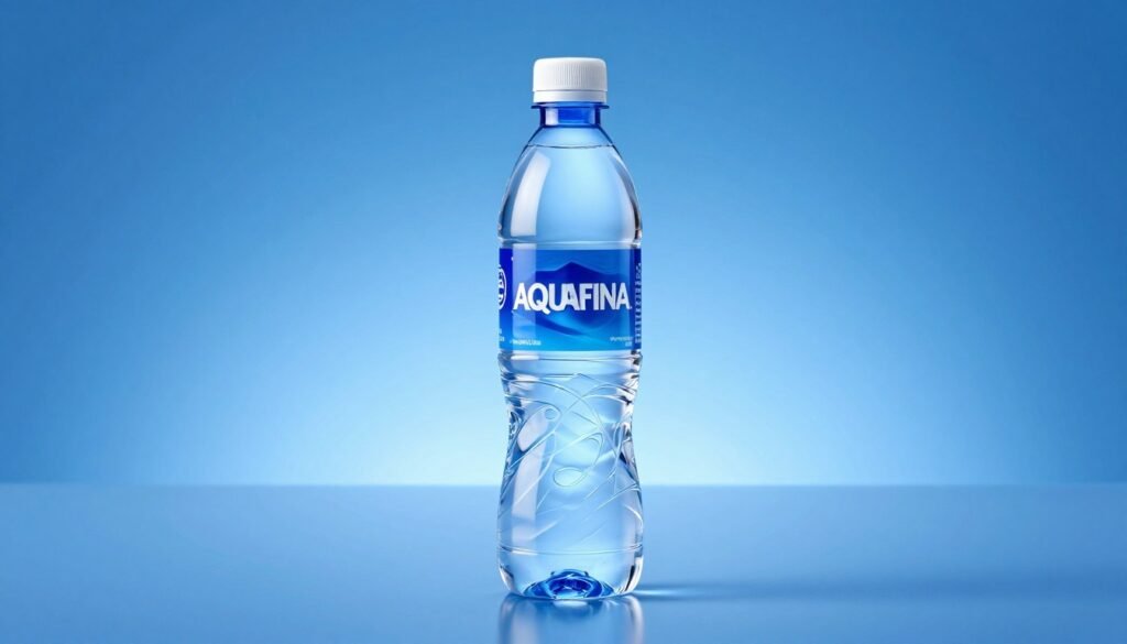 A clear plastic bottle of Aquafina water standing on a blue reflective surface, bright studio lighting, highlighting the purity of the liquid inside.