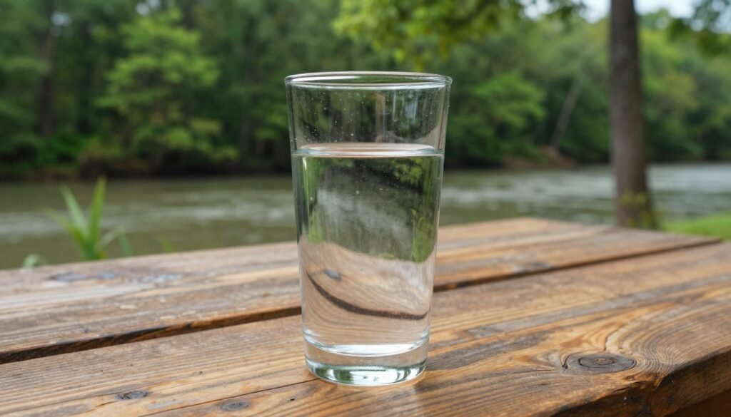 A clear, pristine glass of drinking water sits prominently in the foreground, filled to the brim and reflecting light, symbolizing the purity and accessibility of Arkansas's tap water. In the middle ground, a rustic wooden table conveys a sense of community, with a subtle backdrop of lush green Arkansas forests and a serene river meandering through, hinting at the local sources of water supply. The lighting is soft and natural, with sunlight delicately illuminating the glass, creating a sense of warmth and trust. The atmosphere is calm and reassuring, emphasizing the importance of local authorities in maintaining safe drinking water. The camera angle is slightly elevated, focusing on the glass while still showcasing the beautiful Arkansas landscape in the background.