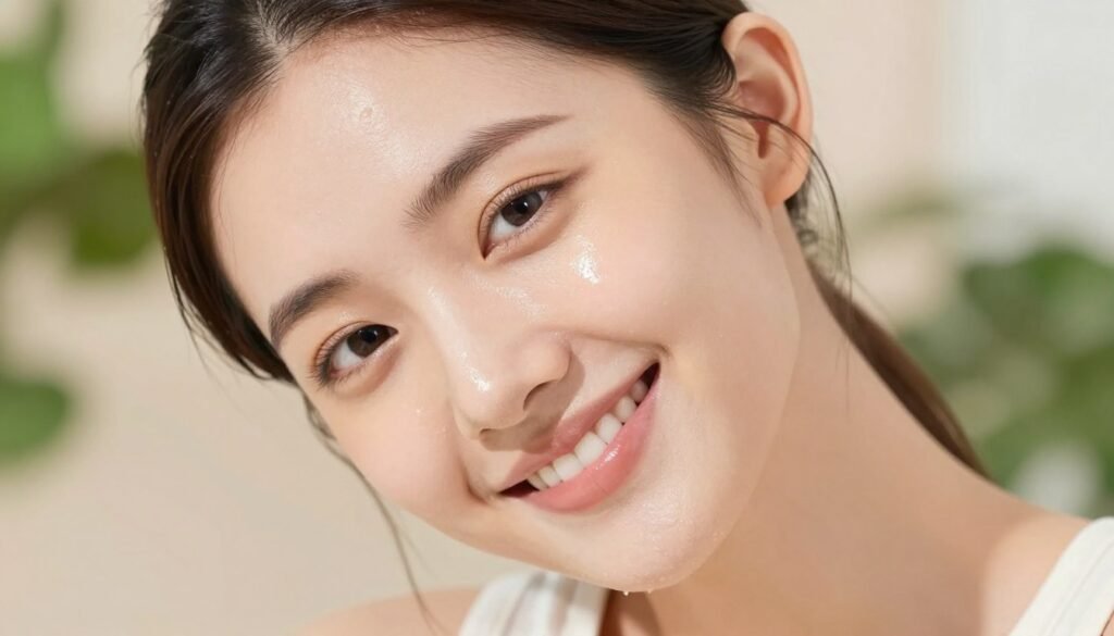 A close-up portrait of a smiling young woman with clear, radiant skin, showcasing the benefits of hydration. She has a fresh and youthful appearance, with bright eyes and a healthy glow. In the foreground, her skin appears dewy and smooth, highlighting its natural beauty. The middle layer features soft, diffused lighting that illuminates her face, enhancing the vibrancy of her complexion. In the background, a serene setting with gentle greenery and soft pastel colors conveys a sense of tranquility and health. The atmosphere is uplifting and refreshing, evoking a feeling of vitality and wellbeing. Capture the scene from a slight downward angle to emphasize her joyful expression and the clarity of her skin, while framing her in a modest casual outfit that reflects a healthy lifestyle.