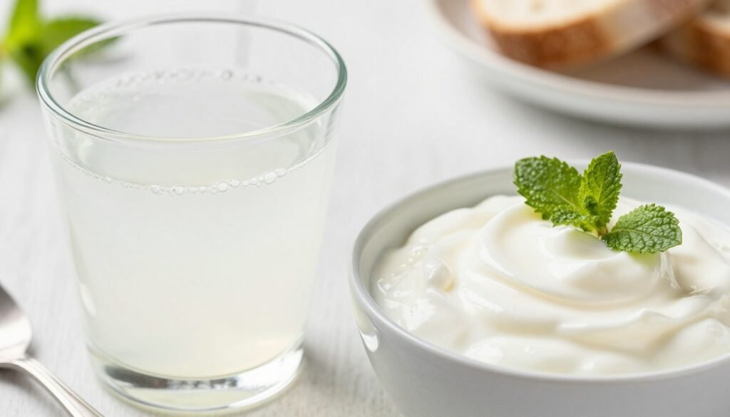A close-up shot of a glass of fresh, bubbly kefir next to a bowl of thick white yogurt, garnished with a small mint leaf on a bright morning table. A close-up shot of a glass of fresh, bubbly kefir next to a bowl of thick white yogurt, garnished with a small mint leaf on a bright morning table.