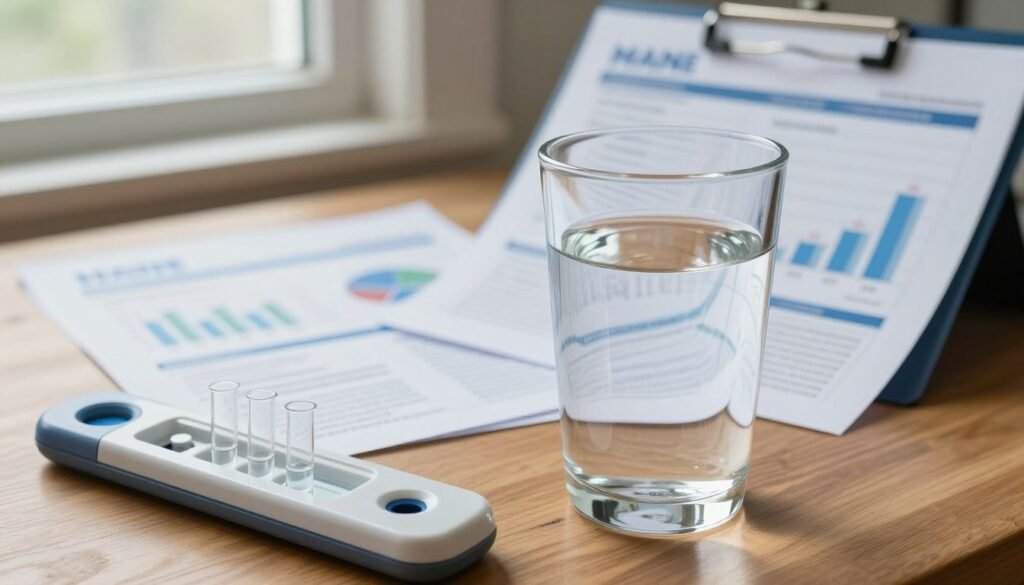 A close-up view of a clear glass of Maine tap water, showcasing its purity and clarity, placed on a wooden table. In the foreground, include a sleek, modern water quality testing kit with test tubes filled with water samples. In the middle ground, depict a well-organized desktop with Maine water quality reports, displaying charts and graphics that highlight important water quality metrics. In the background, soft natural light filters through a nearby window, creating a warm and inviting atmosphere. The scene suggests a sense of confidence and transparency about Maine's tap water quality, inspiring trust among residents. The overall mood is calm and informative, emphasizing the importance of being aware of water quality, while omitting any text or labels from the image.