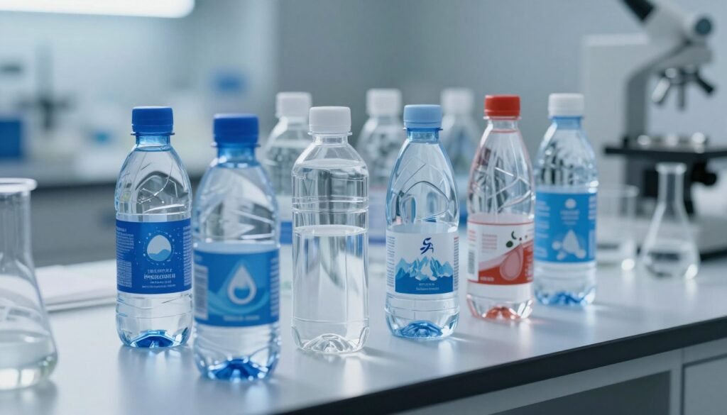 A close-up view of a collection of various bottled water brands displayed on a sleek, modern table, symbolizing a testing scenario. The foreground features a meticulous arrangement of the bottles, showcasing labels with distinctive designs—some featuring purity symbols, while others hint at origins like springs or glaciers. In the middle ground, a clear glass filled with pristine water reflects light, suggesting transparency and freshness. The background is softly blurred, hinting at a laboratory-like setting with subtle scientific equipment like beakers and test tubes illuminated by soft, cool lighting. The overall mood conveys tension and scrutiny, invoking a sense of investigation into the safety of these brands. The scene is captured with a shallow depth of field, emphasizing the bottled water while retaining an environment of seriousness and professionalism.