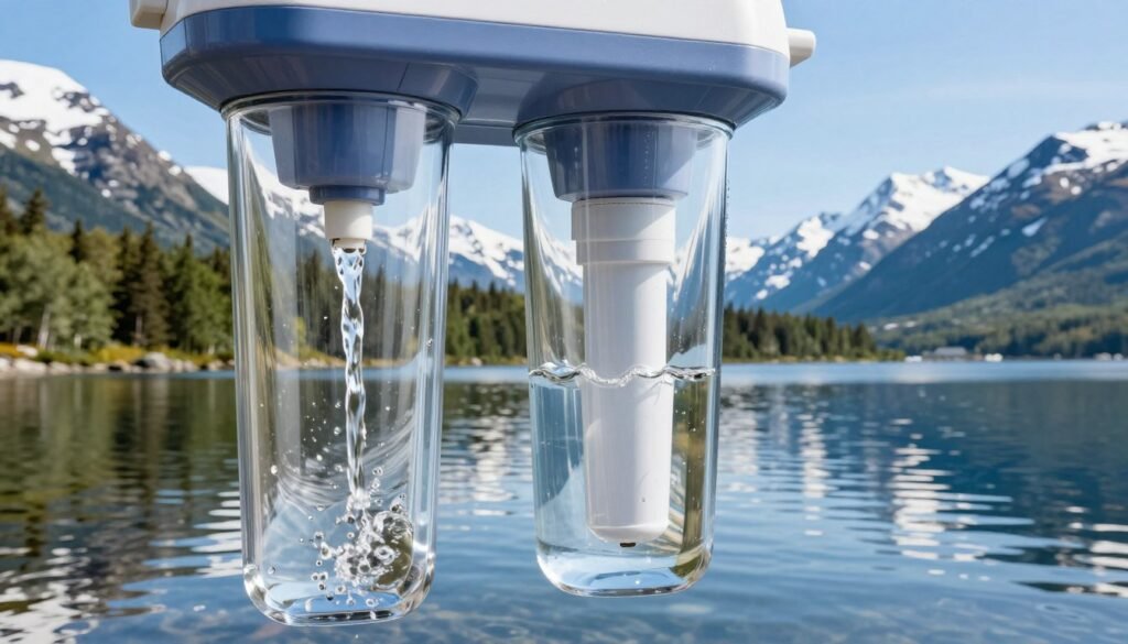 A close-up view of a high-quality water filter specifically designed for Alaska's unique tap water conditions. In the foreground, showcase a sleek, modern water filtration system with clear water flowing through it, highlighting its functionality. The middle ground features pristine Alaskan landscapes, like snow-capped mountains and lush forests, symbolizing the natural sources of water. The background includes a serene Alaskan lake under a clear blue sky, suggesting purity. Soft, natural lighting enhances the clarity and freshness of the scene, with reflections of the landscape in the water filter. The mood is calm and inviting, evoking a sense of trust in water quality, while maintaining professionalism and relevance to the subject of taste and odor issues related to tap water.