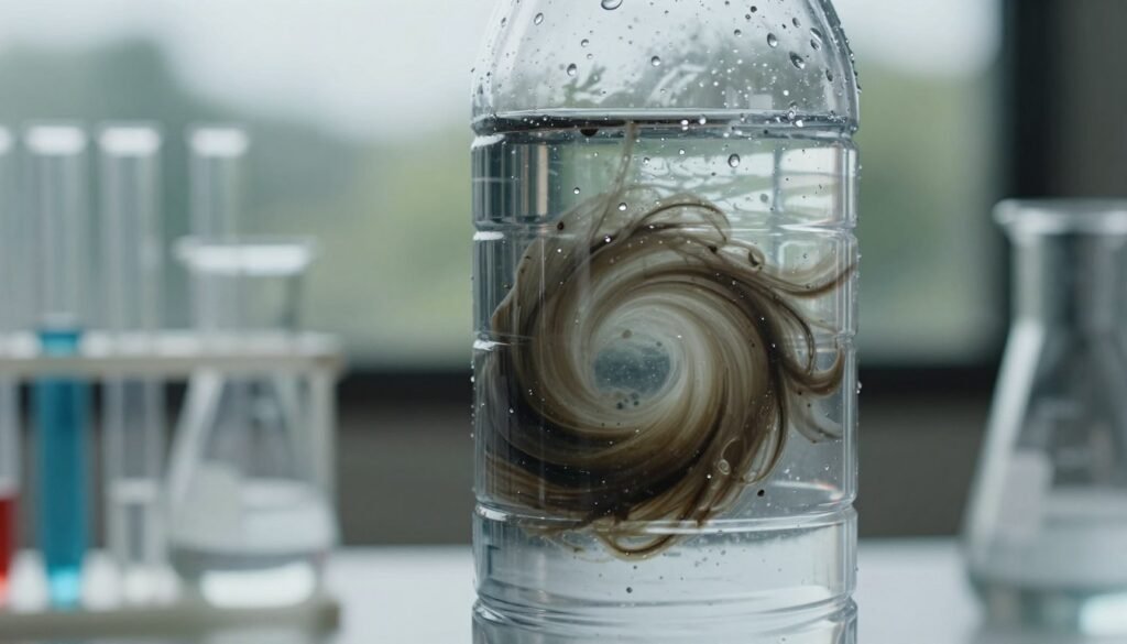 A close-up view of a transparent plastic bottle of water, partially filled, showcasing an unsettling swirl of dark, murky contamination simulating PFAS chemicals. The foreground includes a clear focus on the bottle with water droplets on its surface, reflecting nearby light. In the middle ground, a laboratory setup is visible with glass beakers and test tubes, emphasizing a scientific investigation into water safety. The background is a blurred depiction of a nature landscape, representing the contrast between purity and contamination. Soft, diffused lighting creates a tense atmosphere, hinting at the hidden dangers of "forever chemicals." The composition uses a macro lens perspective to heighten the sense of detail and urgency surrounding water safety issues without any unsettling imagery of human figures.