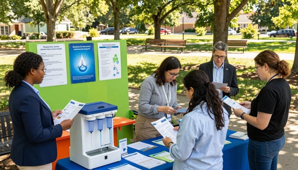 A community outreach event focused on tap water safety, set in a vibrant outdoor park. In the foreground, a diverse group of five individuals, dressed in professional attire or modest casual clothing, are engaged in activities like distributing informational brochures and conducting water testing demonstrations. The middle ground features a colorful booth adorned with posters about tap water contaminants, showcased alongside educational materials and a water filtration system. In the background, trees and park benches create a welcoming environment, with soft, filtered sunlight casting warm shadows. The scene conveys a proactive and positive atmosphere, emphasizing community engagement and awareness around tap water safety issues in Indiana. The composition should have a slightly elevated angle, capturing the interaction among participants.