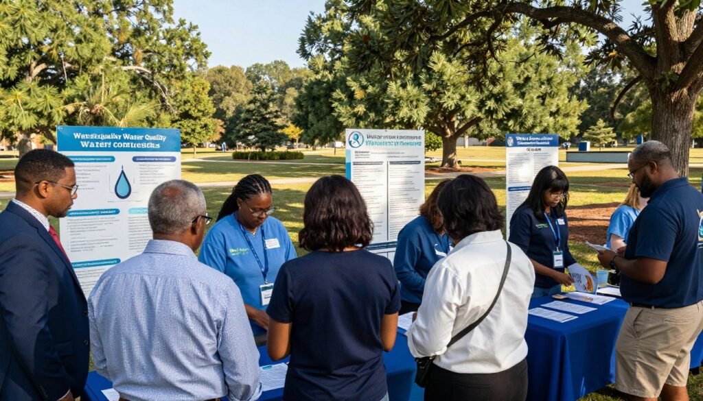 A community outreach event focused on water quality in Mississippi. In the foreground, a diverse group of adults, dressed in professional business attire and modest casual clothing, engage with community members at booths displaying information about water testing and safety. The middle ground features bright, informative posters about water quality issues and resources, accompanied by volunteers distributing pamphlets. In the background, a serene park setting with trees and a clear blue sky creates a welcoming atmosphere. Soft, natural lighting casts a warm glow over the scene, enhancing the sense of community and collaboration. The image captures a sense of hope and proactive involvement, encouraging awareness and education regarding drinking water safety.